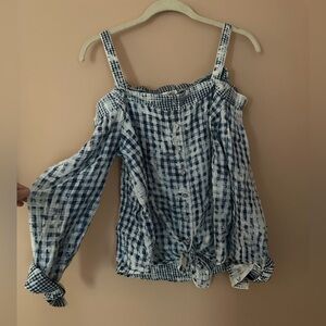 Tribal Jeans Gingham Cold Shoulder Tie Front Top